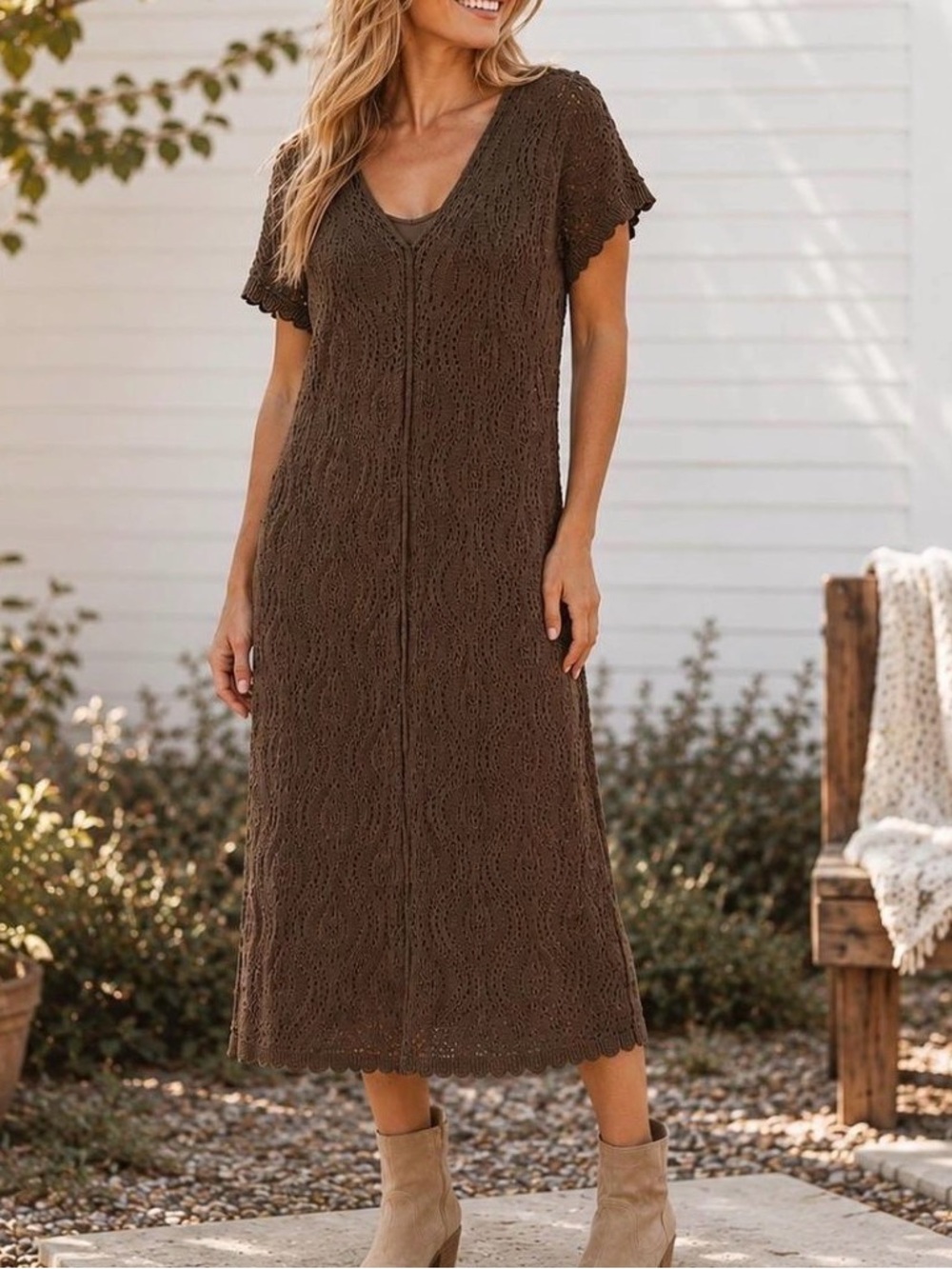 🎯50% OFF! Universal Thread brown short sleeve crochet knit sweater midi dress